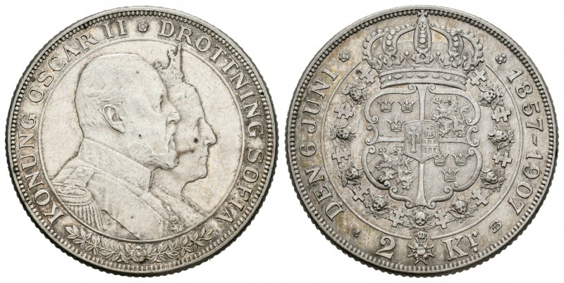 Suecia. 2 coronas. 1907. (Km-776). Ag. 15,01 g. Bodas de oro Oscar II y Sofía. M...