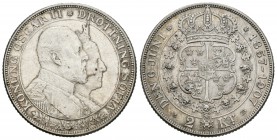 Suecia. 2 coronas. 1907. (Km-776). Ag. 15,01 g. Bodas de oro Oscar II y Sofía. MBC+. Est...18,00.