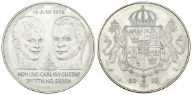 Suecia. 50 coronas. 1976. (Km-854). Ag. 26,90 g. Boda del rey Carlos XVI Gustavo y la reina Silvia. SC. Est...20,00.