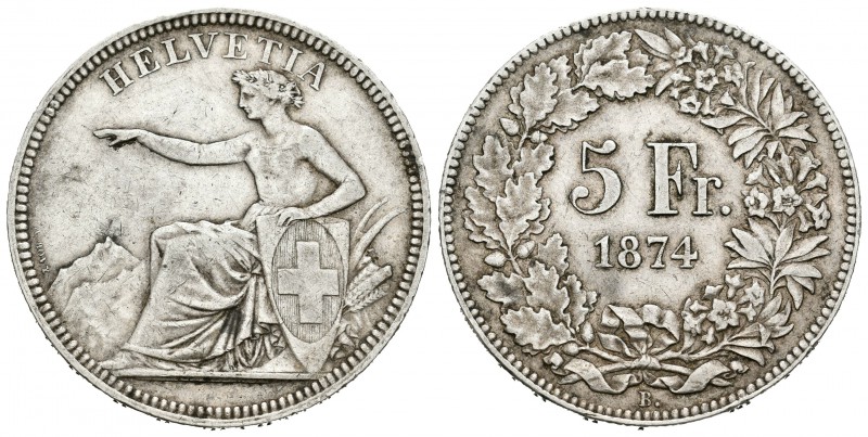 Suiza. 5 francos. 1874. Berna. B. (Km-11). Ag. 24,98 g. Escasa. MBC/MBC+. Est......