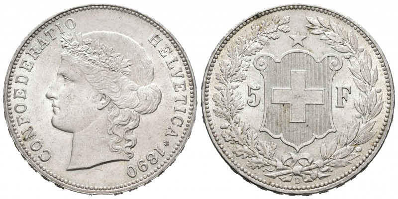 Suiza. 5 francos. 1890. Berna. B. (Km-34). Ag. 25,04 g. Brillo original. Rara, a...