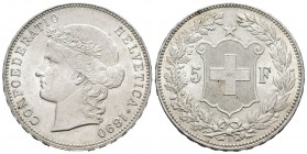 Suiza. 5 francos. 1890. Berna. B. (Km-34). Ag. 25,04 g. Brillo original. Rara, aun más en esta consevación. EBC+. Est...600,00.