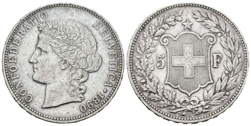 Suiza. 5 francos. 1890. Berna. B. (Km-34). Ag. 24,94 g. MBC+. Est...125,00.