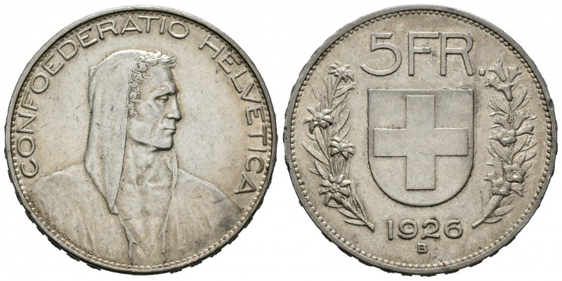 Suiza. 5 francos. 1926. Berna. B. (Km-38). Ag. 25,02 g. Golpecito en el canto. E...
