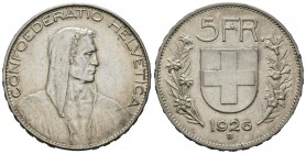 Suiza. 5 francos. 1926. Berna. B. (Km-38). Ag. 25,02 g. Golpecito en el canto. EBC-. Est...80,00.