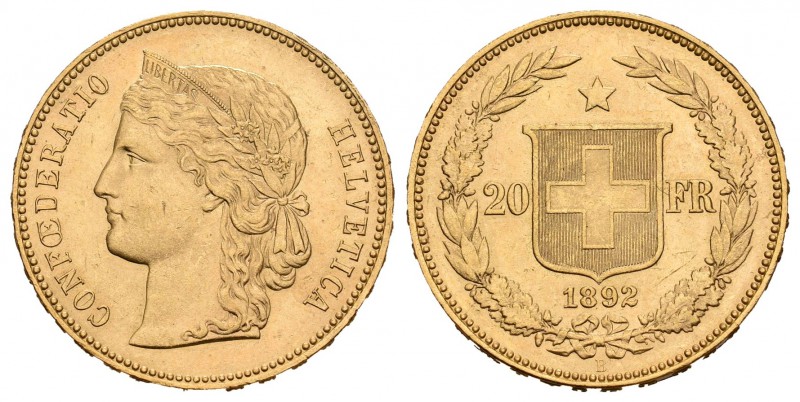 Suiza. 20 francos. 1892. Berna. B. (Km-31.3). Au. 6,45 g. EBC/EBC+. Est...260,00...