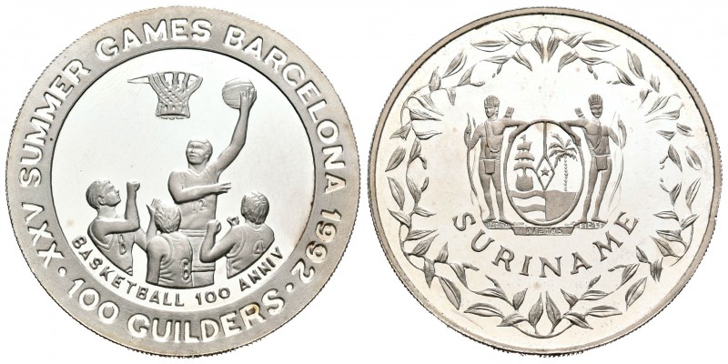 Suriname. 100 Guilders. 1992. (Km-40). Ag. 19,79 g. Juegos Olímpicos Barcelona `...