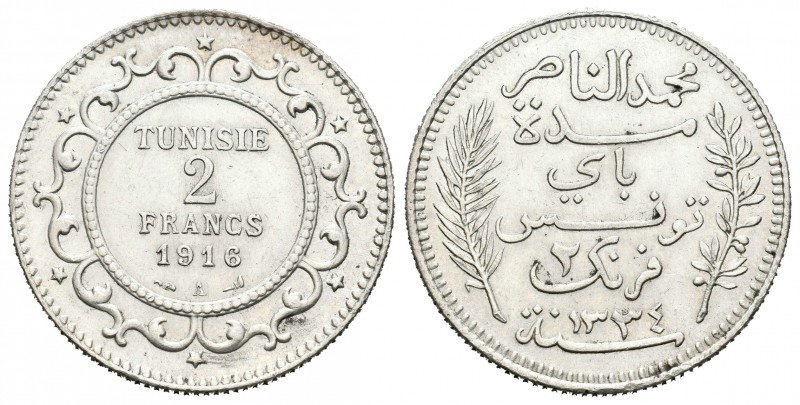 Túnez. Mohamad Al-Nasir. 2 francos. 1334 H (1916). París. A. (Km-239). Ag. 10,00...
