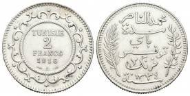 Túnez. Mohamad Al-Nasir. 2 francos. 1334 H (1916). París. A. (Km-239). Ag. 10,00 g. EBC. Est...35,00.