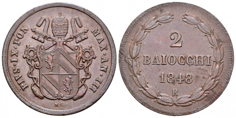 Vaticano. Pío IX. 2 baiocchi. 1848 (Año III). Roma. R. (Km-1343). Ae. 20,26 g. E...