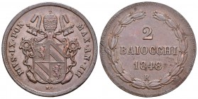 Vaticano. Pío IX. 2 baiocchi. 1848 (Año III). Roma. R. (Km-1343). Ae. 20,26 g. EBC-. Est...75,00.