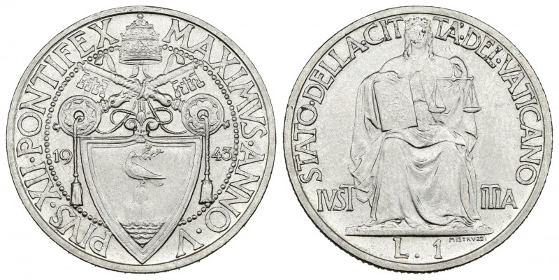 Vaticano. Pío XII. 1 lira. 1943 (año V). (Km-35). Ag. 7,95 g. Sólo 1000 ejemplar...