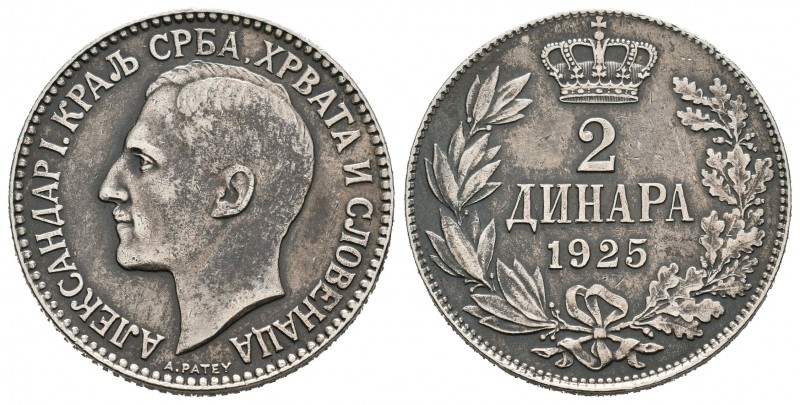 Yugoslavia. Alexander I. 2 dinares. 1925. (Bruselas). (Km-6). 10,07 g. Pátina. E...