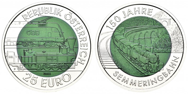 Austria. 25 euros. 2004. (Km-3109). Niobio. 150 años Semmeringbahn. Con su estuc...