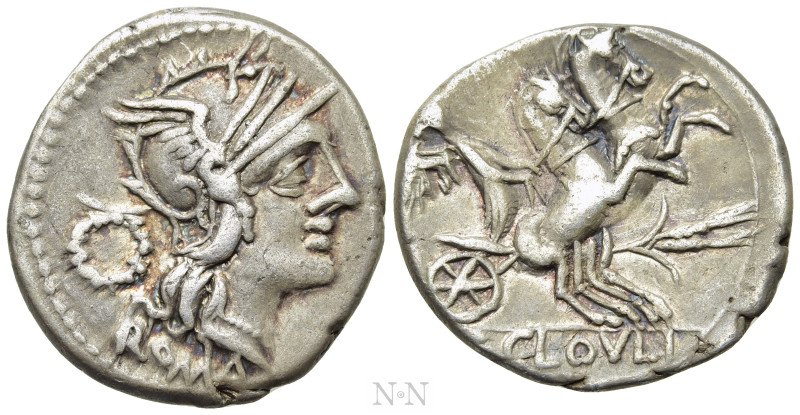 T. CLOELIUS. Denarius (128 BC). Rome. 

Obv: ROMA. 
Helmeted head of Roma rig...