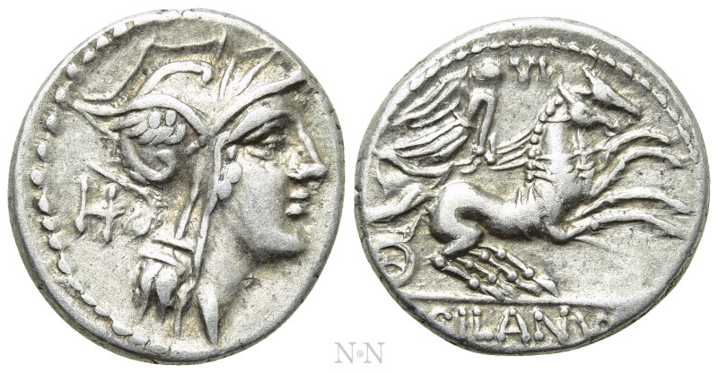 D. SILANUS L.F. Denarius (91 BC). Rome. 

Obv: Helmeted head of Roma right; H ...