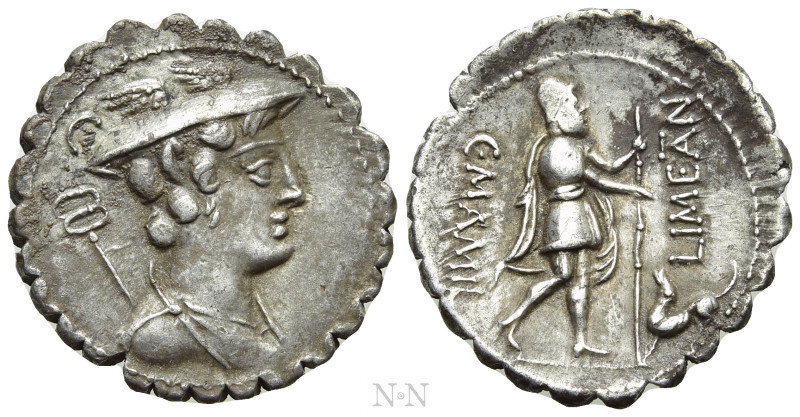 C. MAMILIUS LIMETANUS. Serrate Denarius (82 BC). Rome. 

Obv: Draped bust of M...