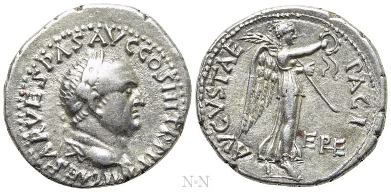 VESPASIAN (69-79). Denarius. Ephesus. 

Obv: IMP CAESAR VESPAS AVG COS III TR ...