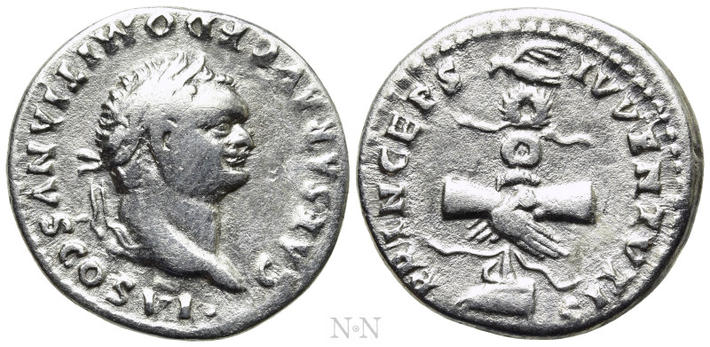 DOMITIAN (Caesar, 69-81). Denarius. Rome. 

Obv: CAESAR AVG F DOMITIANVS COS V...