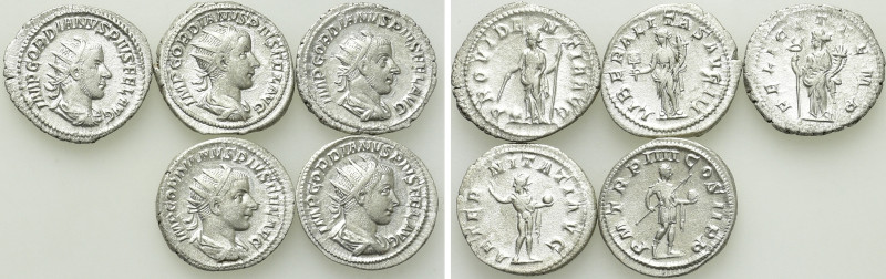 5 Antoniniani of Gordianus III. 

Obv: .
Rev: .

. 

Condition: See pictu...