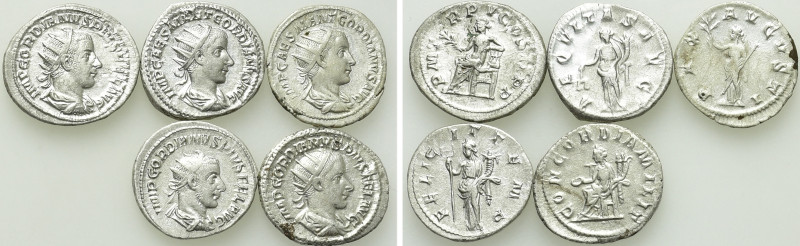 5 Antoniniani of Gordianus III. 

Obv: .
Rev: .

. 

Condition: See pictu...