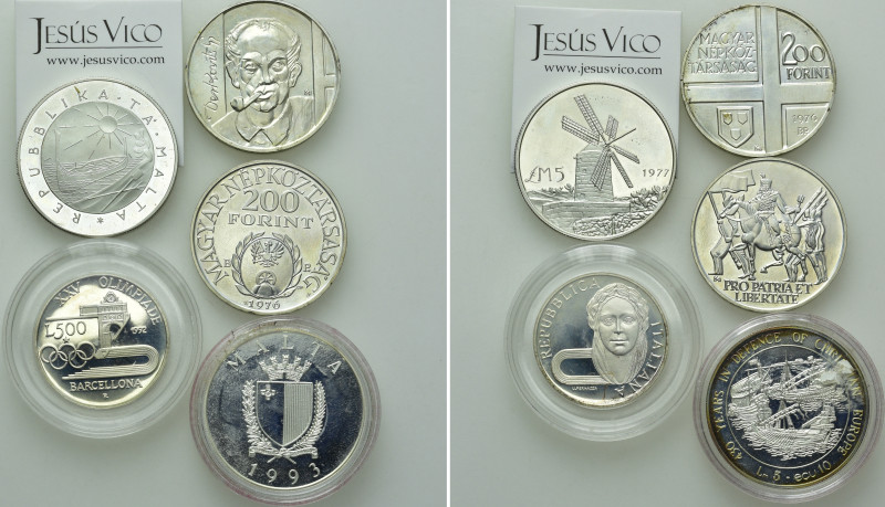 5 Silver Coins of Malta, Italy and Hungary. 

Obv: .
Rev: .

. 

Conditio...