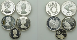 5 Silver Coins of the Solomon Islands,Mauritius and the Seychelles