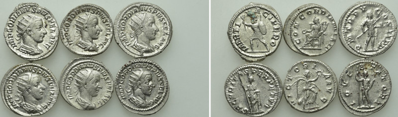 6 Antoniniani of Gordianus III. 

Obv: .
Rev: .

. 

Condition: See pictu...