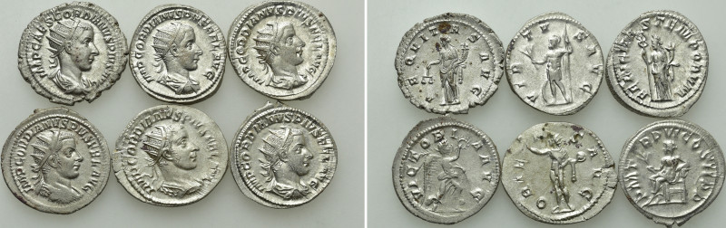 6 Antoniniani of Gordianus III. 

Obv: .
Rev: .

. 

Condition: See pictu...