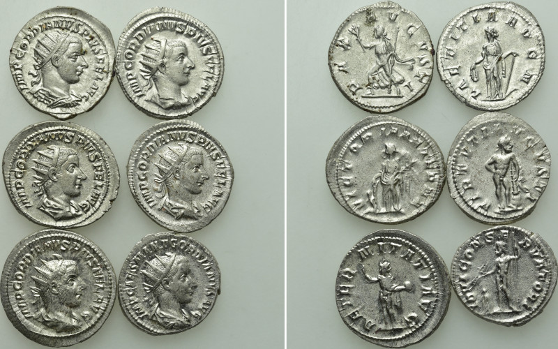 6 Antoniniani of Gordianus III. 

Obv: .
Rev: .

. 

Condition: See pictu...