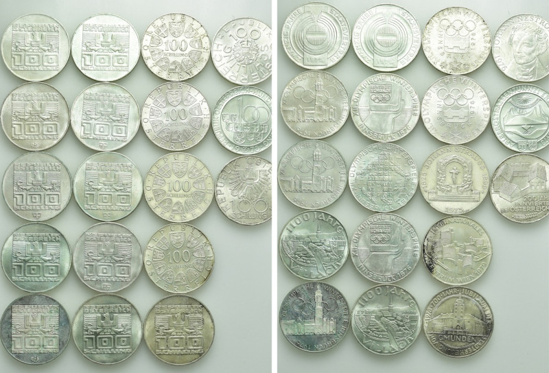 18 x 100 Schilling Silver Coins of Austria (15.36 gr. fine per piece). 

Obv: ...