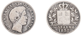 Greece, King Otto, 1832-1862. 1/2 Drachma, 1833, First Type, Munich mint, 2.05g (KM19; Divo 14a).

Good fine.