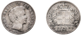 Greece, King Otto, 1832-1862. 1/4 Drachma, 1834 A, First Type, Paris mint, 1.06g (KM18; Divo 16b).

About very fine with scratches on obverse.