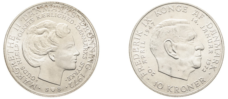 Denmark, Margrethe II, 1972-. 10 Kroner, 1972 SB, Death of Frederik IX and acces...