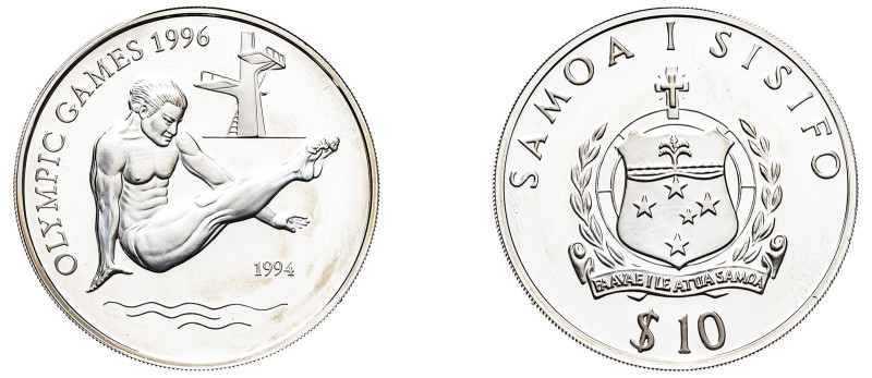 Samoa, Malietoa Tanumafili II, 1962-2007. AR Proof 10 Tala, 1994, Summer Olympic...