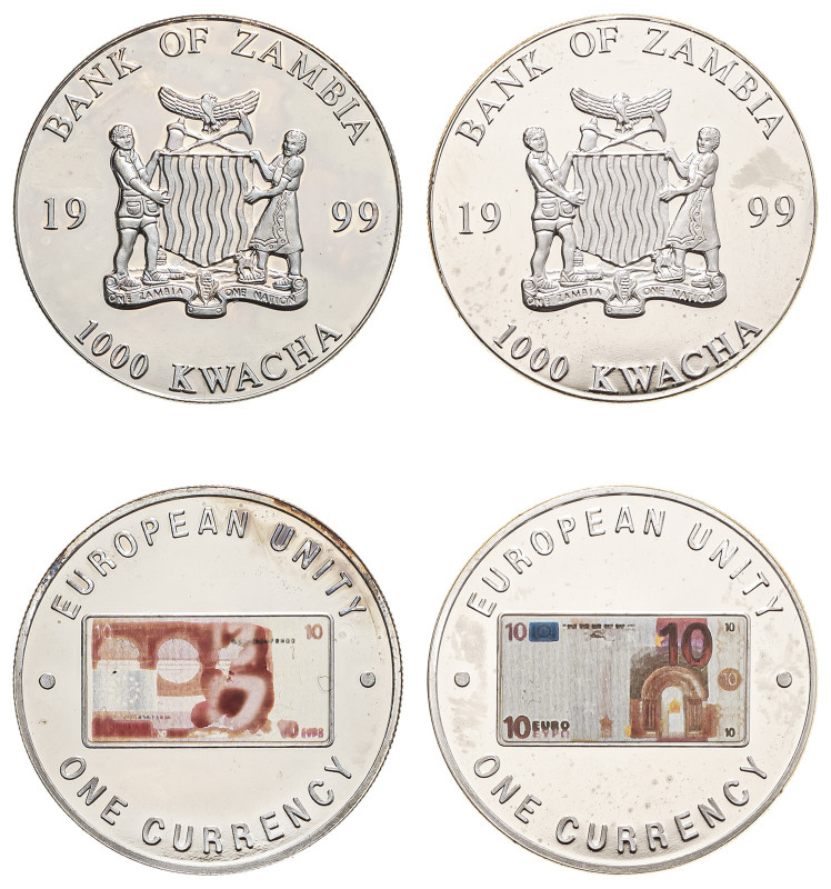 Zambia, Republic, 1964-. Lot of 2 coins comprising AR Plated Proof 1000 Kwacha, ...