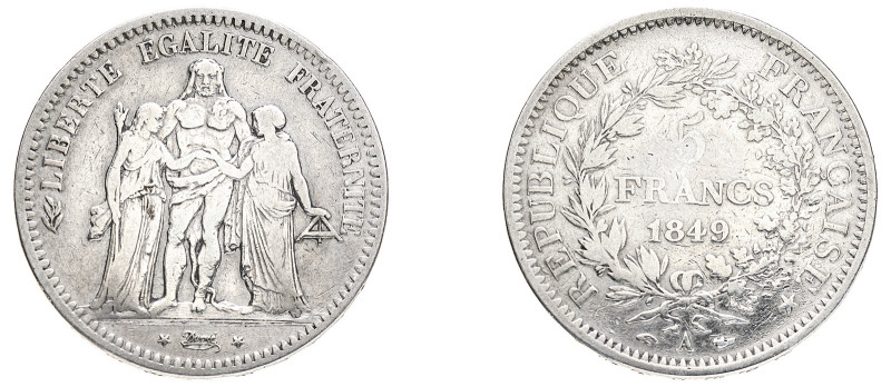 France, Second Republic, 1848-1852. 5 Francs, 1849 A, Paris mint, 24.59g (KM756....