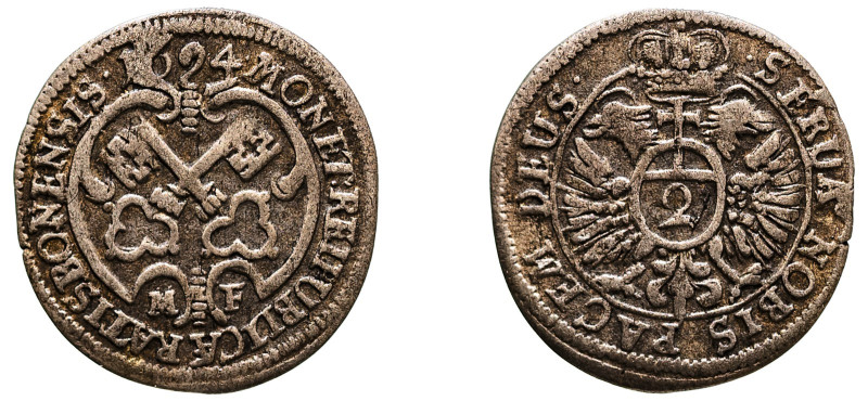 German States, Regensburg, 1245-1803. 2 Kreuzer, 1694 MF, 1.00g (KM184).

Good f...