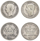 Greece, King George I, 1863-1913. Lot of 2 coins comprising 50 Lepta, 1874 A, First Type, Paris mint, 2.41g (KM37; Divo 55b; IV2) and 50 Lepta, 1883 A...