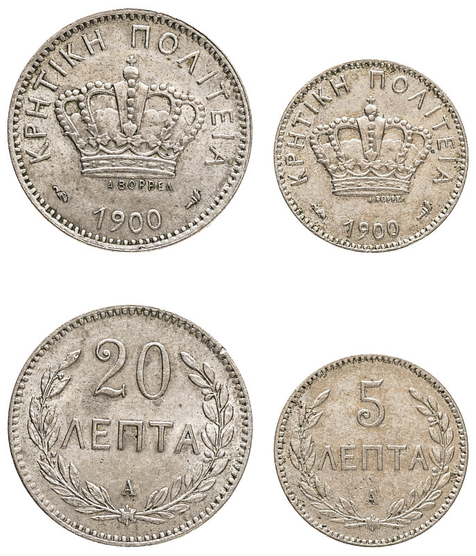 Greece, Crete, Prince George, 1898-1906. Lot of 2 coins comprising 5 Lepta, 1900...