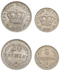 Greece, Crete, Prince George, 1898-1906. Lot of 2 coins comprising 5 Lepta, 1900 A, Paris mint, 1.84g (KM3; Divo 136) and 20 Lepta, 1900 A, Paris mint...