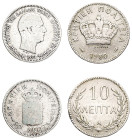 Greece, Crete, Prince George, 1898-1906. Lot of 2 coins comprising 10 Lepta, 1900 A, Paris mint, 2.94g (KM4.1; Divo 135) and 50 Lepta, 1901, Paris min...