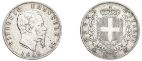 Italy, Vittorio Emanuele II, 1861-1878. 5 Lire, 1869 M-BN, Milan mint, 24.74g (KM8.3; Dav. 140).

Very fine.