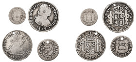 Latin America. Lot of 4 coins comprising Mexico, Real, 1745 Mo, 3.00g (KM75.2), Peru, 1/2 Real, 1758 LM JM, 1.43g (KM51), Peru, 2 Reales, 1777 LMAE (L...