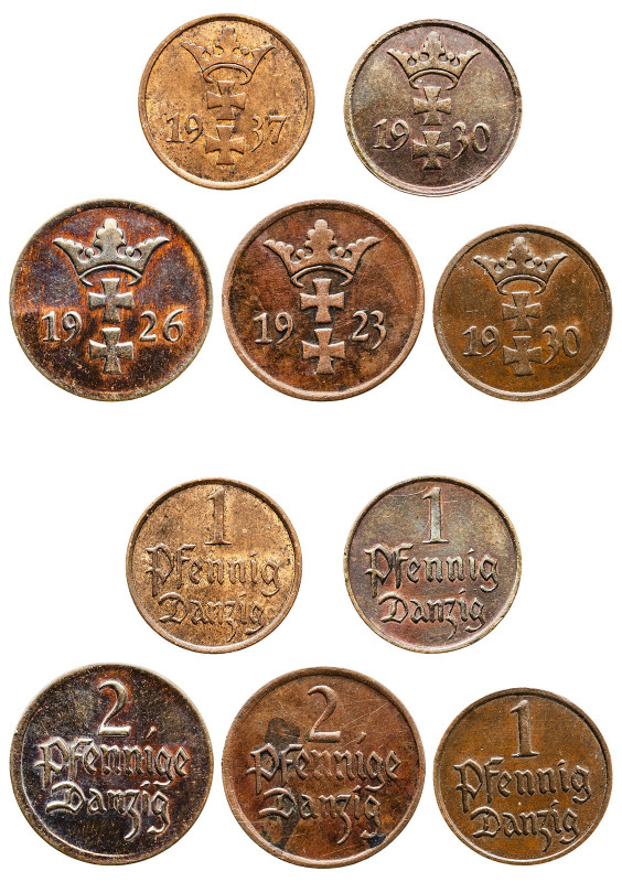 Polish States, Danzig, 1920-1939. Lot of 5 coins comprising 2 Pfennigs, 1923, 2....