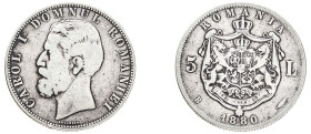 Romania, Carol I, 1866-1881. 5 Lei, 1880 B, Bucharest mint, variety with engraver name along the rim, 24.36g (KM12; Dav. 272).

About fine.