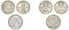 Russia, Nicholas II, 1894-1917 and USSR, 1917-1991. Lot of 3 coins comprising Rouble, 1900 O3, St. Petersburg mint, 19.74g (KM59.3; Dav. 293), Rouble,...