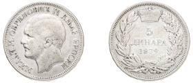 Serbia, Milan Obrenovic IV, 1868-1882. 5 Dinara, 1879, Type I, 24.89g (KM12; Dav. 304).

Very fine.