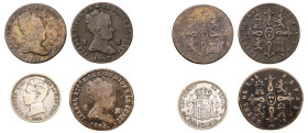 Spain, Isabella II (3), 1833-1868 and Alfonso XIII (1), 1886-1931. Lot of 4 coins respectively comprising 8 Maravedis (2), 1838, 1843, Segovia mint, 1...