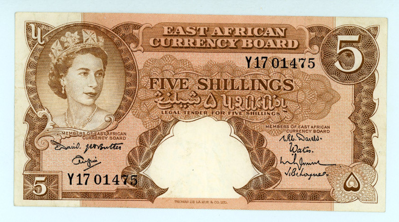 East Africa
Currency Board
5/- Shillings, ND (1961-1963) Nairobi
S/N Y17 01475
W...